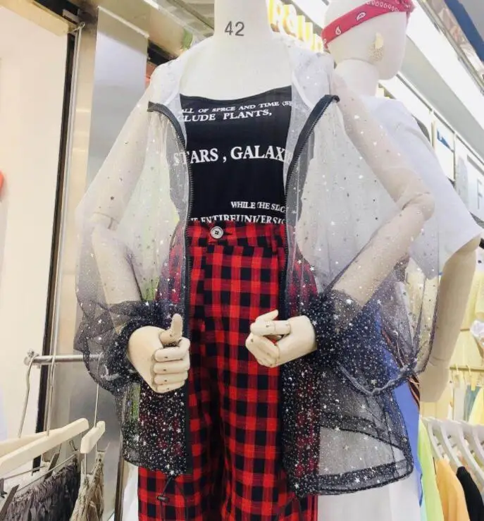 Черный Harajuku солнцезащитное пальто, градиентная Женская куртка с блестками, женская тонкая куртка размера плюс, Женское пальто с длинным рукавом, прозрачная куртка - Цвет: Черный