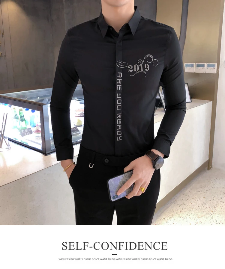 Новая модная Корейская рубашка с буквенным принтом, мужская рубашка с длинным рукавом, одежда для мужчин, Клубные вечерние рубашки для свадьбы, Camisa Masculina