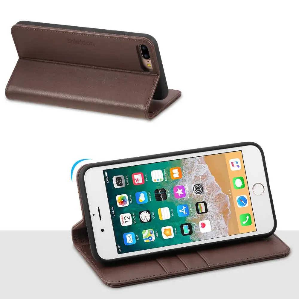 Бумажник SHIELDON чехол для iPhone 7 Plus/8 Plus с 【натуральной кожей отделением карты Kickstand
