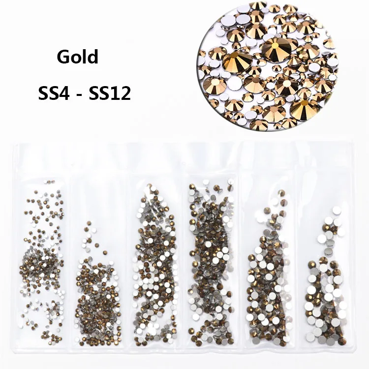 gold 1700 шт./пакет 6 разных цветов Размеры ногтей Стразы для дизайна ногтей, 3D Стразы для дизайна ногтей камни подвески с плоской задней Стекло Стразы для ногтей swarovsky ab камень - Цвет: gold