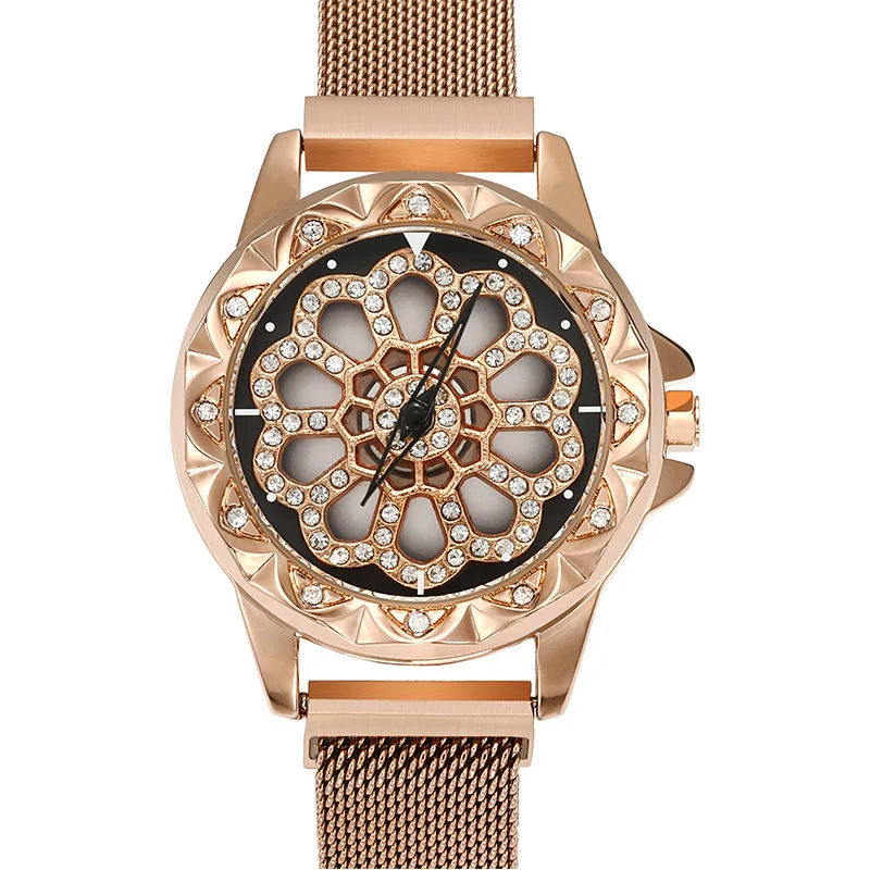 Rose Gold Хит, женские часы с вращением на 360 градусов, роскошные золотые бриллиантовые магнитные часы, звездное небо, женские часы, модные геометрические кварцевые наручные часы - Color: Rose Gold