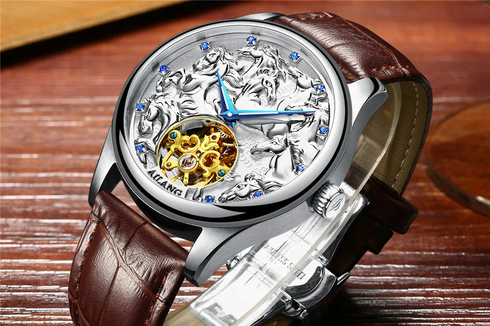 Лошадь узор tourbillon Классический для мужчин деловые часы деловые водонепроницаемые часы Элитный бренд пояса из натуральной кожи автоматические часы