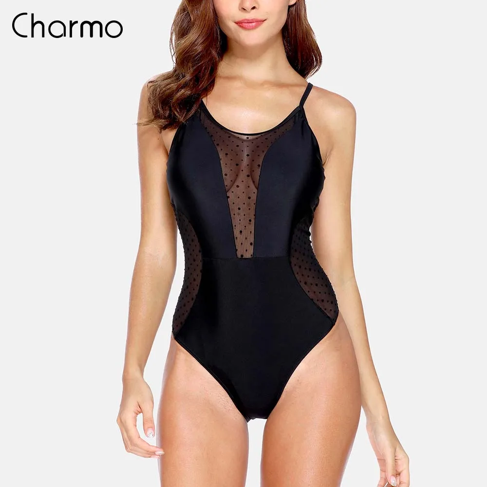 Женский слитный купальник в горошек Charmo с глубоким v образным вырезом и открытой