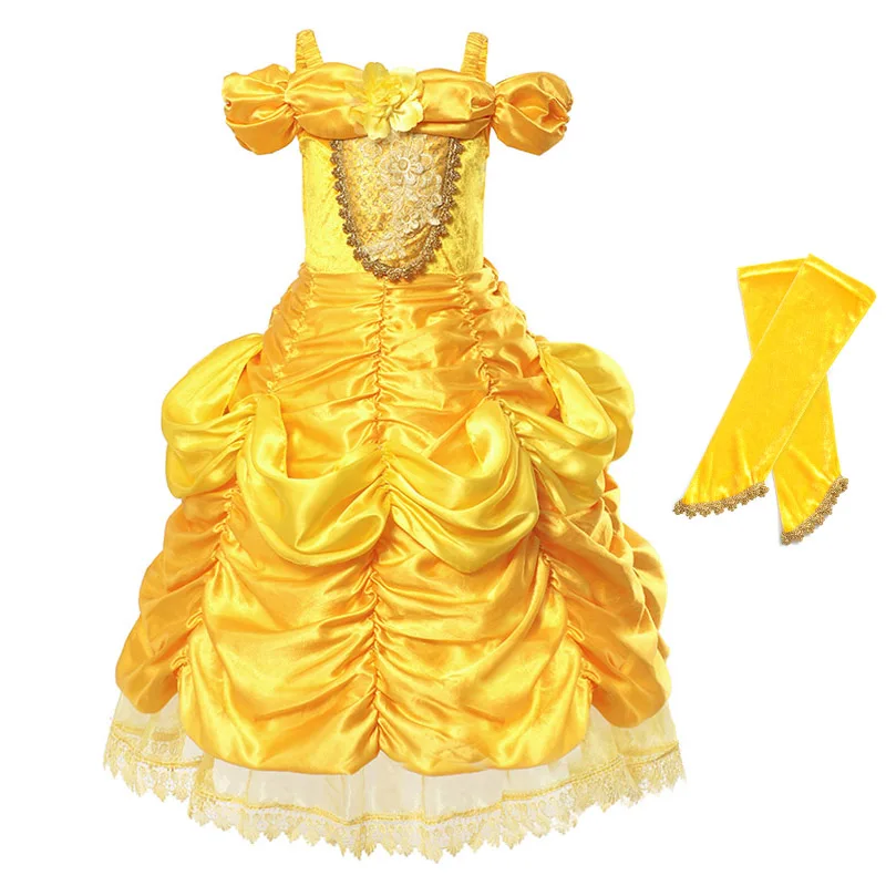 7 Belle dress Платье принцессы для девочек; костюм Авроры, Золушки, Белль, Рапунцель, жасмин; платья Спящей красавицы; нарядное детское платье для вечеринки, Хэллоуина - Цвет: 7 Belle dress