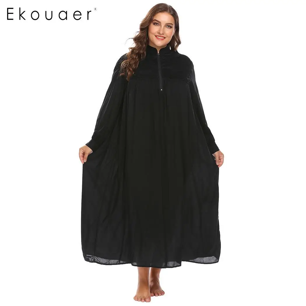Ekouaer W0men размера плюс ночная рубашка больше размера ночная рубашка платье СО СТОЯЩИМ ВОРОТНИКОМ с длинным рукавом кружева пэчворк свободные длинные женские пижамы