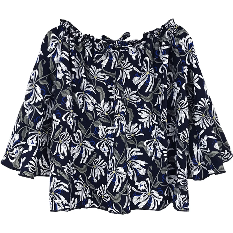ladies tops autumn off shoulder blouse plus size blusas femininas elegante floral printing chiffon Flare Sleeve korean clothing |