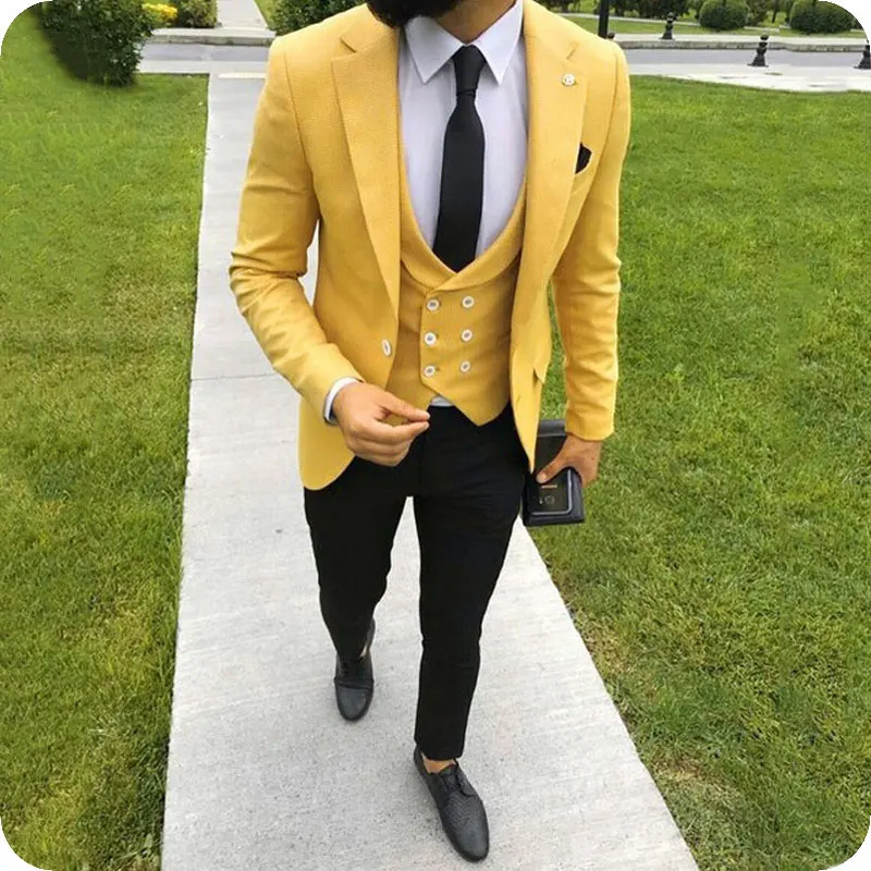 

Yellow Man Suit Slim Fit Business Classic Wedding Groom Tuxedo Notched Lapel Slim Terno Masculino 3Piece Latest Coat Pants Vest