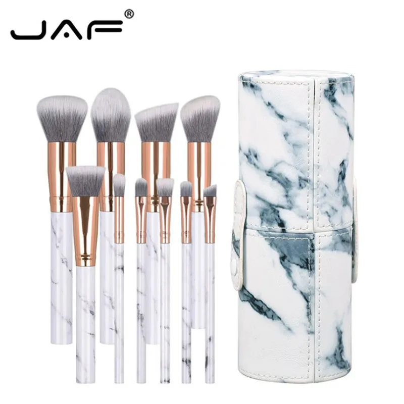 Brush With Bag JAF 10 шт мраморная Кисть для макияжа с держателем чехол мягкий из синтетического волоса, пудра кисточки для основы под тени косметический инструмент 25#701 - Handle Color: Brush With Bag
