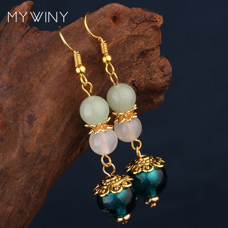 MYWINY природа камни Висячие этнические блестящие серьги из авантюрина винтажная