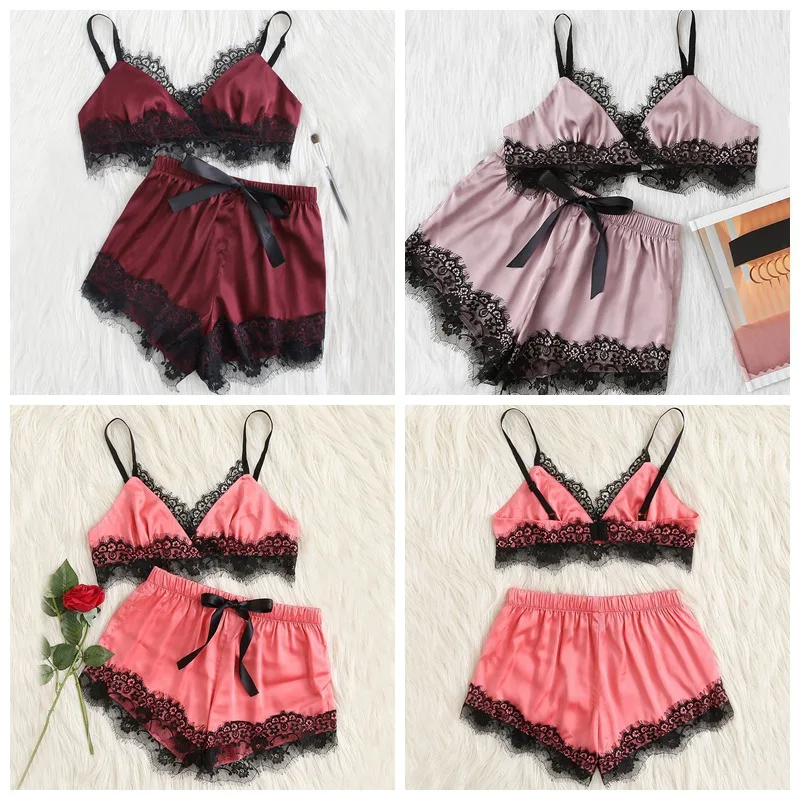 

Sexy Women Sleepwear Sleeveless Strap Nightwear Lace Cami Top Pajama Sets Lingerie Intimate