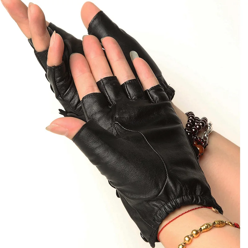 New Female 100% Pure Real Leahter Flower Thin Half Finger Cool Gloves Women Driving Riding Semi-Finger Sports Fitness Luvas | Аксессуары