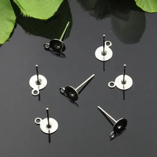 50pcs Wholesale Rhodium Silver Plated Stainless Steel 6-8-10mm Round Flat Pad Ear Studs with a hoop Jewelry Parts for Earrings