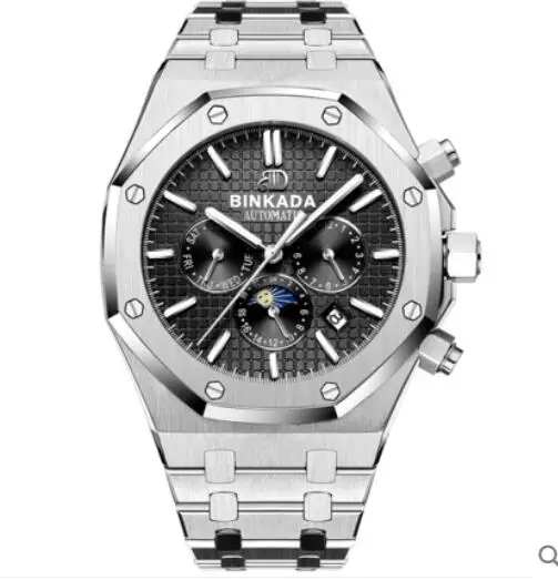 Blackdial Новинка, DEISGN BINKADA, автоматические часы, 6 ручных, Moonface, многофункциональные, с датой, месяцем, автоматические часы - Цвет: Blackdial