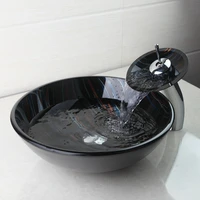 bathroom hand painting tempered glass basin bowl sinks vessel basins with brass faucet taps water drain bathroom sink set