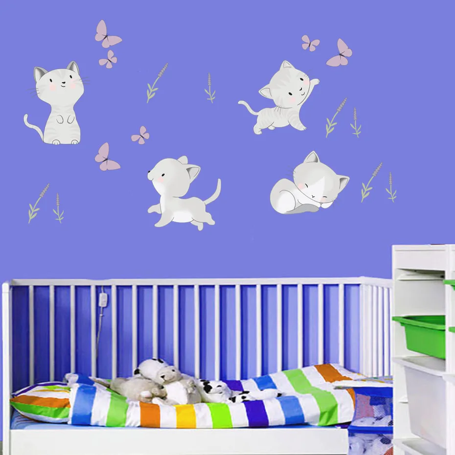 Котята с Lavander наклейки на стену кошки чеканка красивые Переводные картинки с бабочками виниловые забавные художественные фрески детская комната Домашний декор