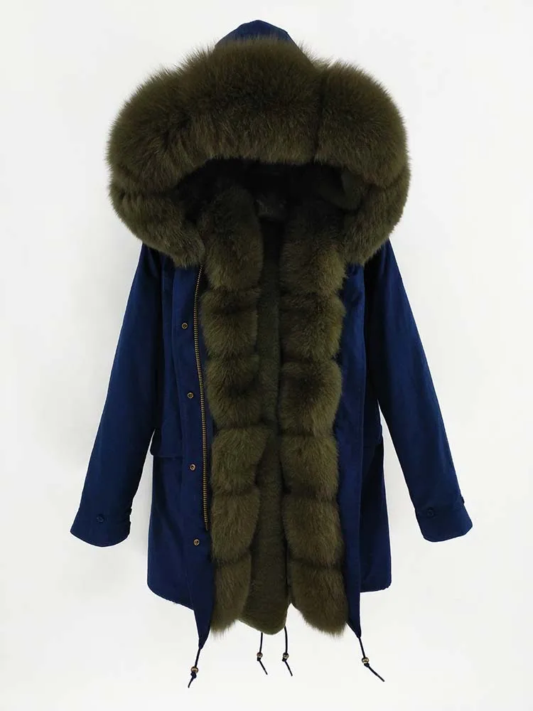 green fur Непромокаемая Длинная зимняя парка Куртка женская Меховое пальто Воротник мех лисы Теплая уличная мода новая - Цвет: green fur