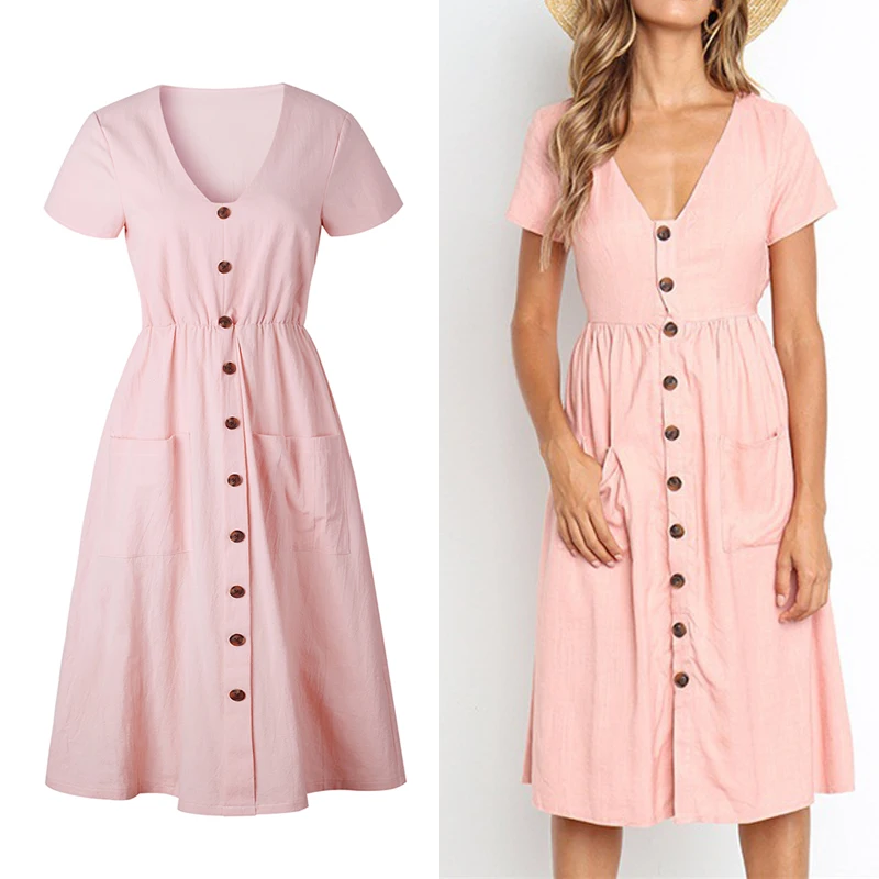 Пляжное платье для женщин Платье До Колена летнее женское на пуговицах спереди с