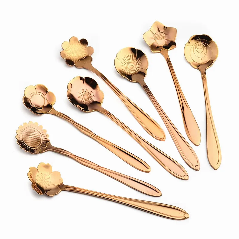 Rose Golden 8 шт./компл. цветок Форма Нержавеющая сталь чайная, кофейная ложка Чай ложки сахара мороженого столовые приборы; Цвета: золотистый, Серебристый; обувь с ремешками посуда Кухня набор инструментов - Цвет: Rose Golden
