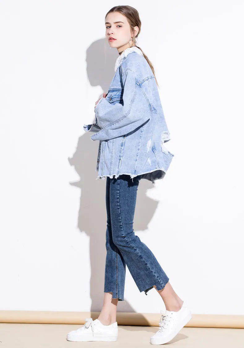 Ifq 2017 Для женщин бойфренда стиль отверстие Свободные джинсовая куртка | Женская