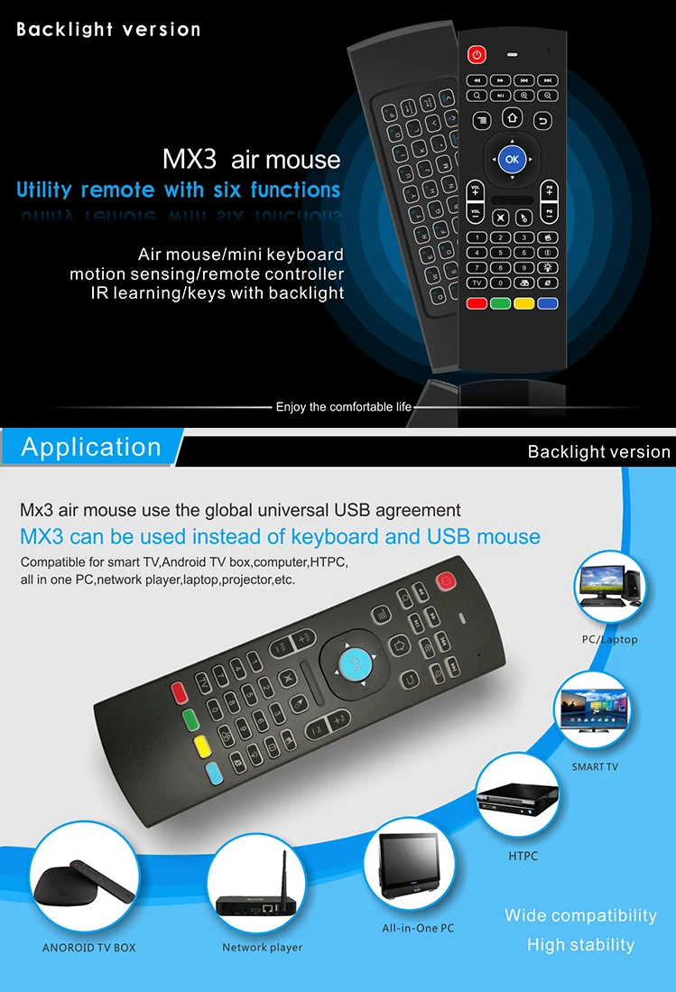 MX3 2 4G Беспроводная клавиатура с подсветкой Air Mouse 3 Axir гироскоп + ускоритель