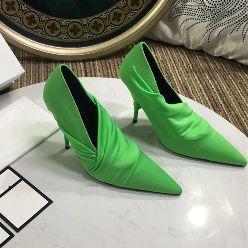 Green Подиумные стильные шелковые туфли на тонком высоком каблуке разноцветные свадебные туфли с острым носком без шнуровки женские туфли на шпильках, весна - Цвет: Green