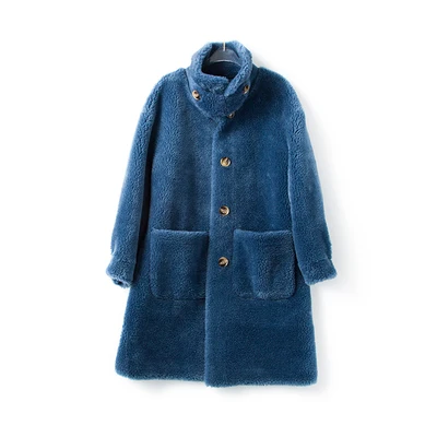 blue long Роскошная Новинка, Осень-зима, настоящая овечья шерсть, меховые пальто для девушек, стрижка овец, Длинные теплые куртки, модные свободные, размер, женская верхняя одежда - Цвет: blue long
