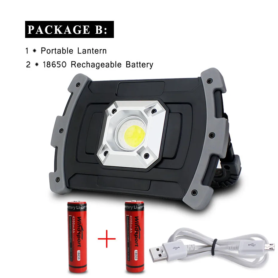 With 2 Batteries Светодиодный портативный Точечный светильник COB 20 Вт светодиодный фонарь для кемпинга, аварийный поисковый светильник, светодиодный перезаряжаемый рабочий светильник, 18650 AA - Испускаемый цвет: With 2 Batteries