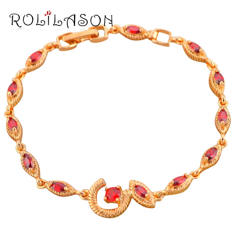 ROLILASON шик Красный Кристалл Циркон золотой цепи браслеты для женщин здоровья