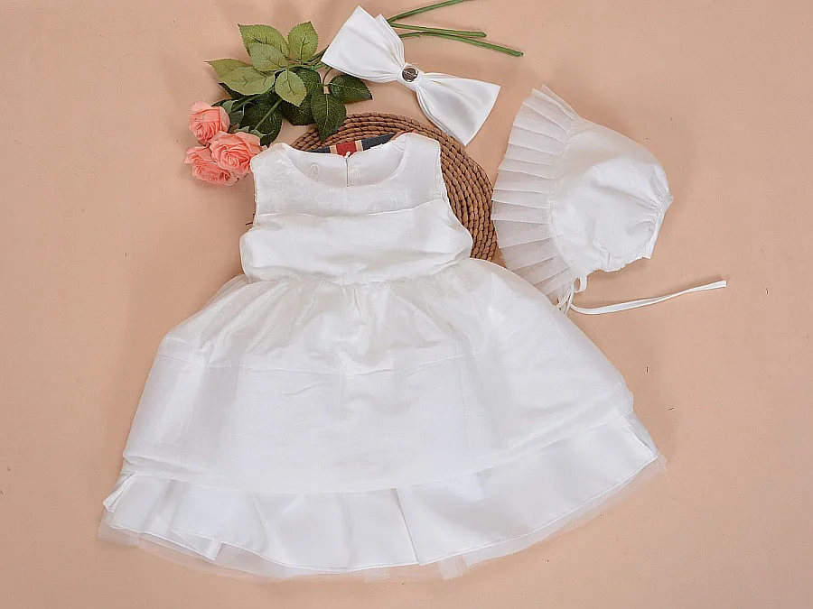 2 pcs/Set Baby Girl Party Dress Beige Dress+Hat Newborn Big Bow Christening gowns Baptism Clothes 1 year birthday dress | Детская одежда