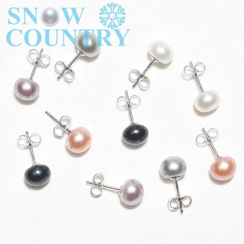 SNOW COUNTRY 2018 New 7-8mm Genuine Freshwater Pear Stud Earrings Fashion Jewelry Silver for Women With Gift Box Free Shipping | Украшения