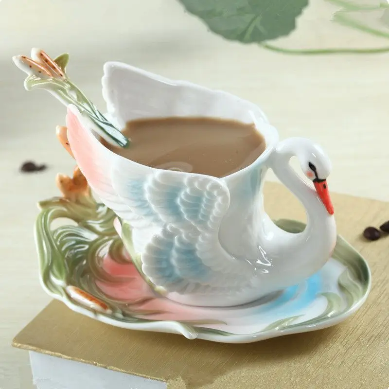 3D Creative Mug 160ml Chinese Swan Coffee Cups Milk Colored Enamel Porcelain Animal with Saucers and Spoons Lovely Gift | Дом и сад