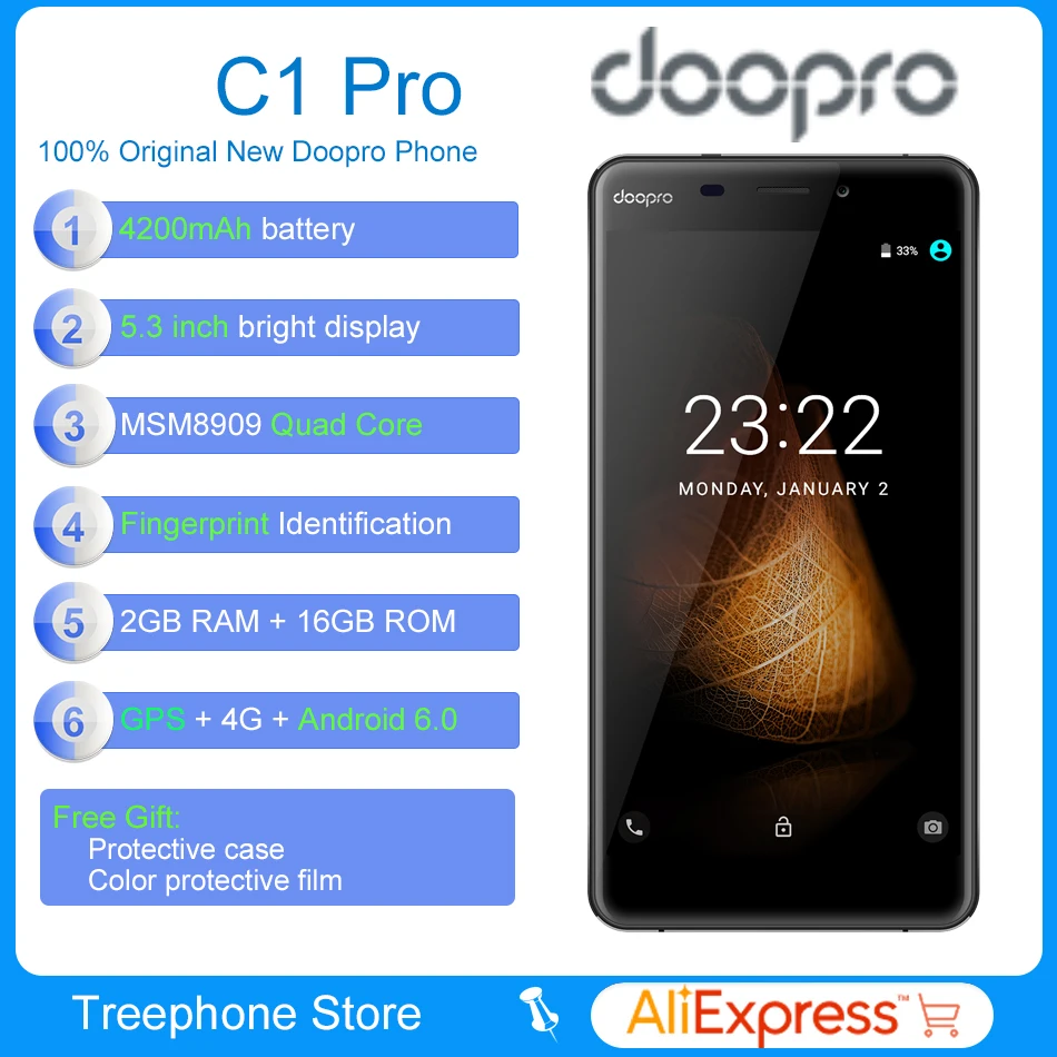 Doopro C1 Pro 2 ГБ + 16 4 ядра Android 6.0 смартфон 5.3 ''HD дисплей 4200 мАч Камера 13.0MP отпечатков