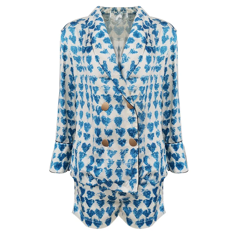 2019 Runway Designer Women New Print Suit Two-piece Satin Pajamas Wind V-neck Long-sleeved Jacket High Waist Shorts | Женская одежда