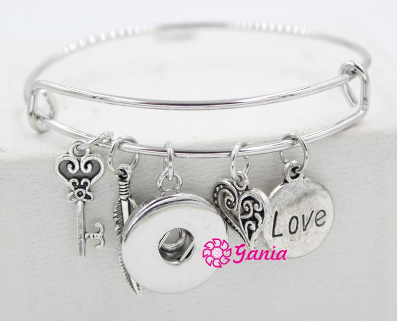 

10PC DIY Interchangeable 18mm Snap Jewelry Love Heart Feather Charm Bracelets Expandable Bangle for women gift Pulsera