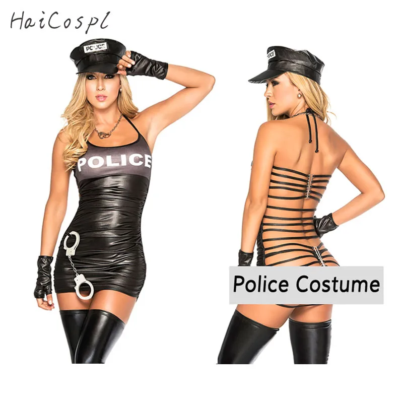 

Halloween Party Sexy Cool Girl Black Police Costume Adult Women Check Pattern Cop Officer Costume Cosplay Cap Glove
