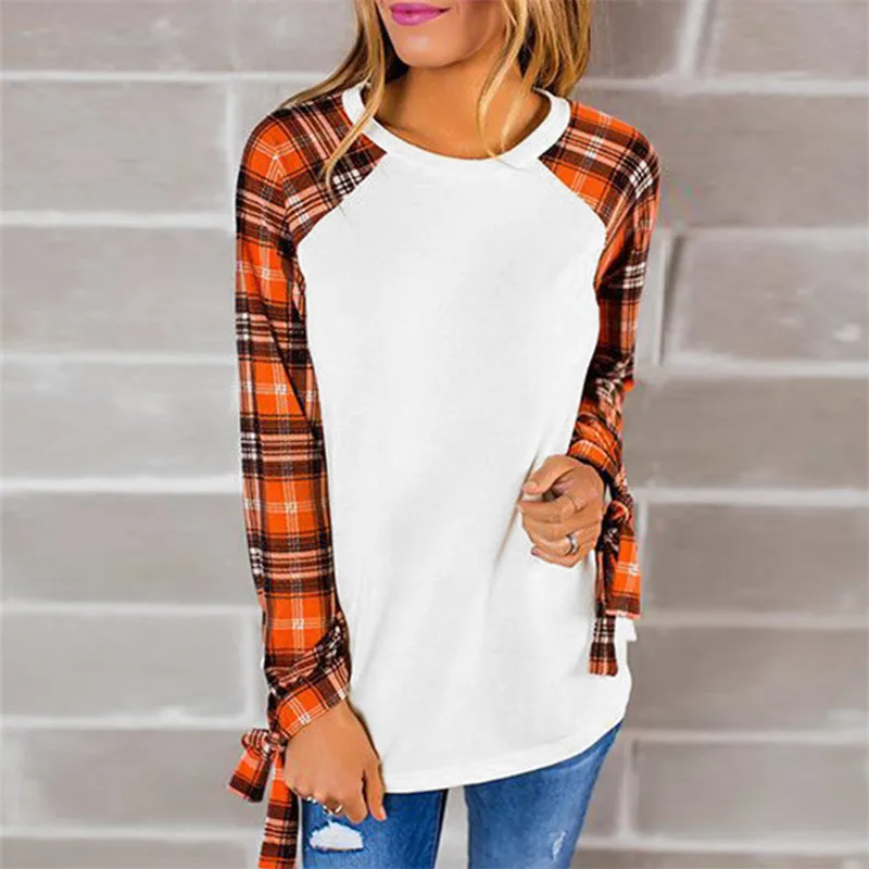 Casual T Shirt Women 2018 Spring Plaid Shirts Patchwork Bow Long Sleeve Tops Tee Femme Blusas Camiseta Mujer | Женская одежда