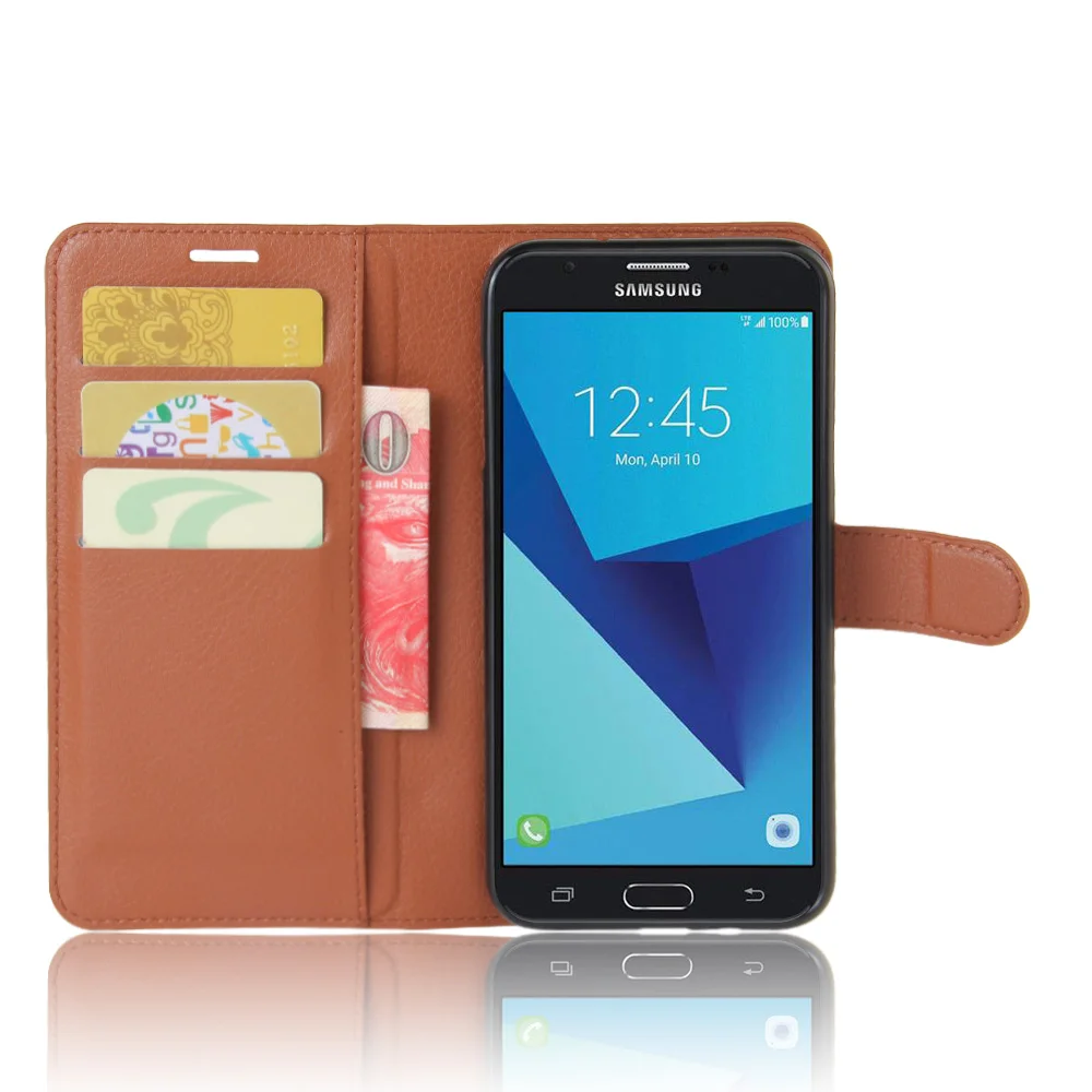 Чехол-книжка для Samsung Galaxy J7 (2017) кожаный с отделением карт рисунком личи черный SM 727