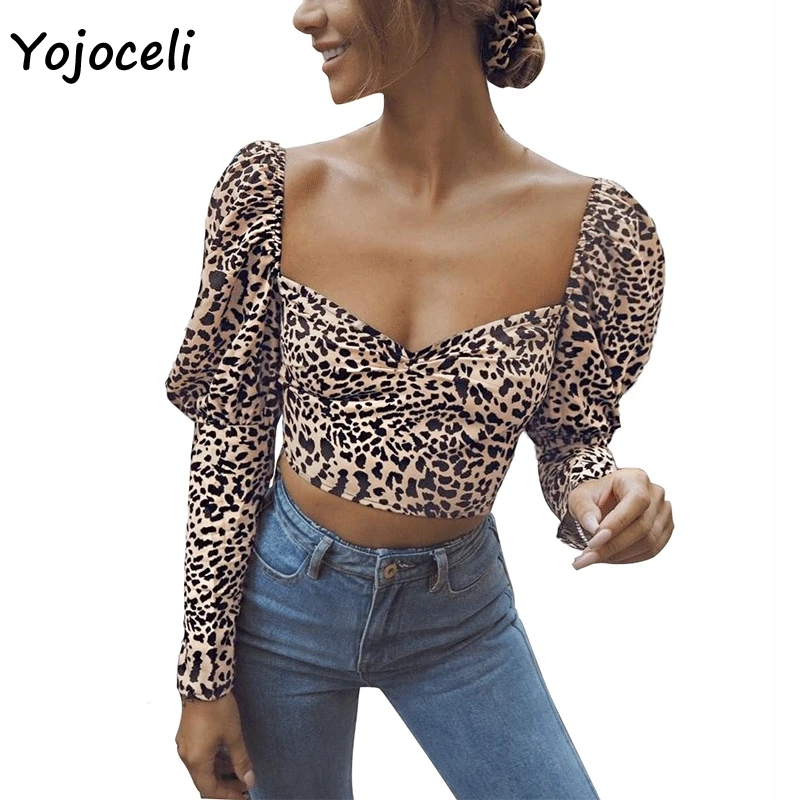Yojocel 2018 trendy leopard blouses shirt women long sleeve square neck cropped tops streetwear puff female blusas |