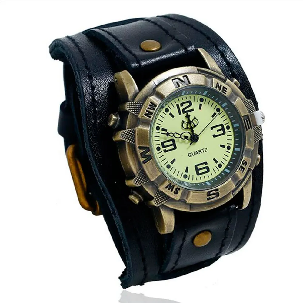 W01471 black Винтажные Ретро Большие широкие часы с ремешком из натуральной кожи, мужские панк кварцевые часы-манжета, наручные часы, браслет, браслет, relogio masculino - Цвет: W01471 black