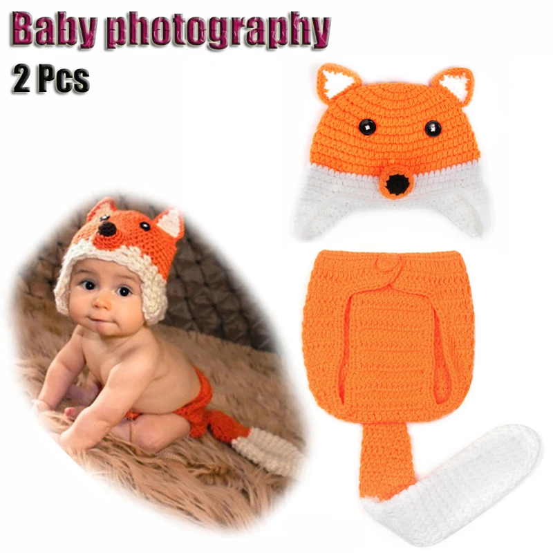 Hot Sale 2Pcs/Lot Infant Newborn Photography Props Cute Fox Styling Baby Clothing Crochet Baby Accessories Neonatal Kids Moe Hat