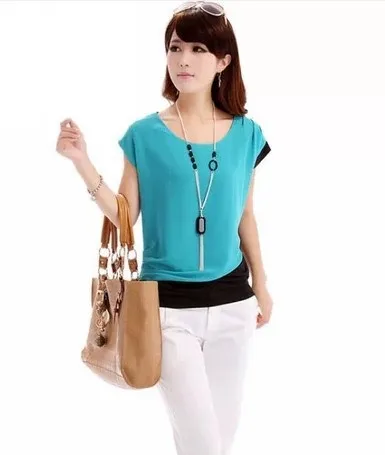 Free shipping 2014women's all-match shirt o-neck color block decoration plus size loose short-sleeve top chiffon blouses AR-0172 |