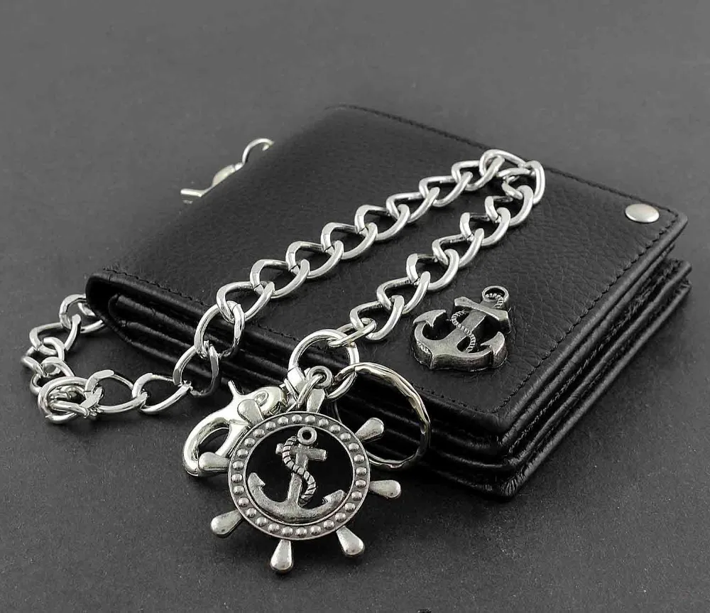 Мужской байкерский кошелек с цепочкой из натуральной кожи в стиле панк якорем