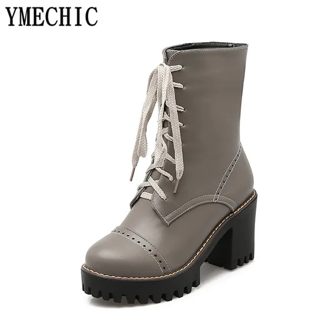 YMECHIC/2018 женские осенние ботинки серого и черного цвета на высоком блочном каблуке