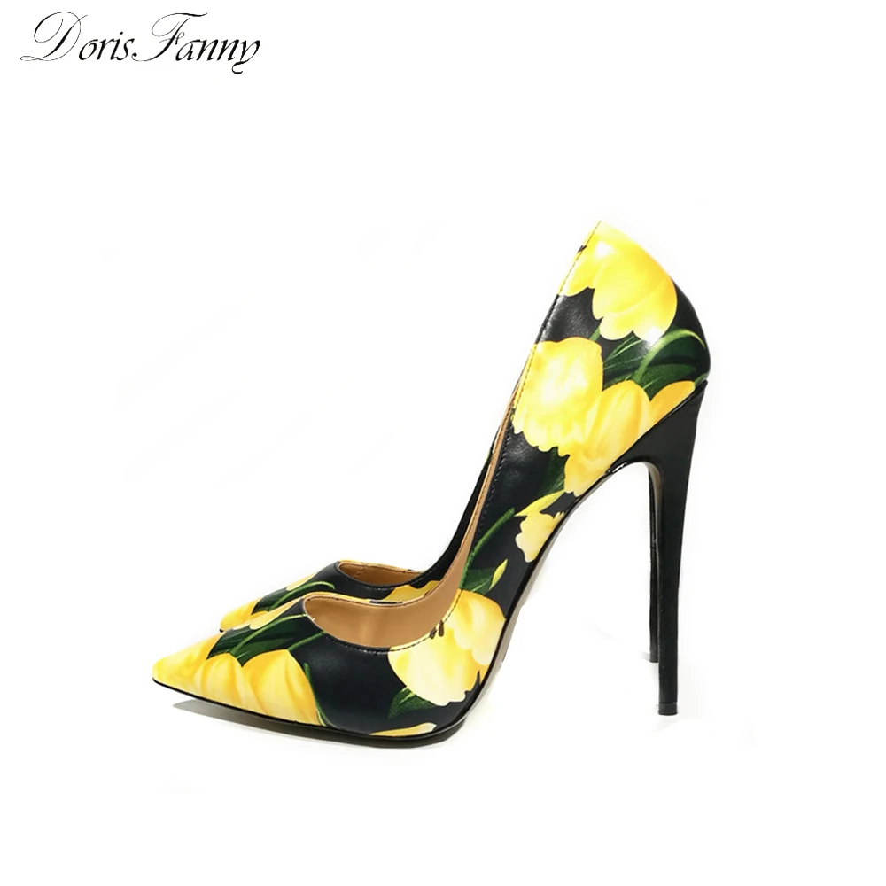 

DorisFanny Flower Yellow shoes 2018 new design sexy high heels pointed toe stilettos bridal shoes