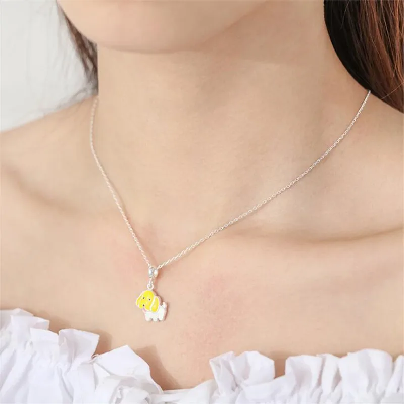 Cute Animal Real 925 Sterling Silver Necklace Fashion Blue Yellow Dog Choker Necklaces For Women Sterling-Silver-Jewelry H016 | Украшения и