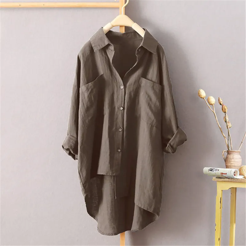 Женская Длинная блузка средней длины повседневные свободные льняные блузки из