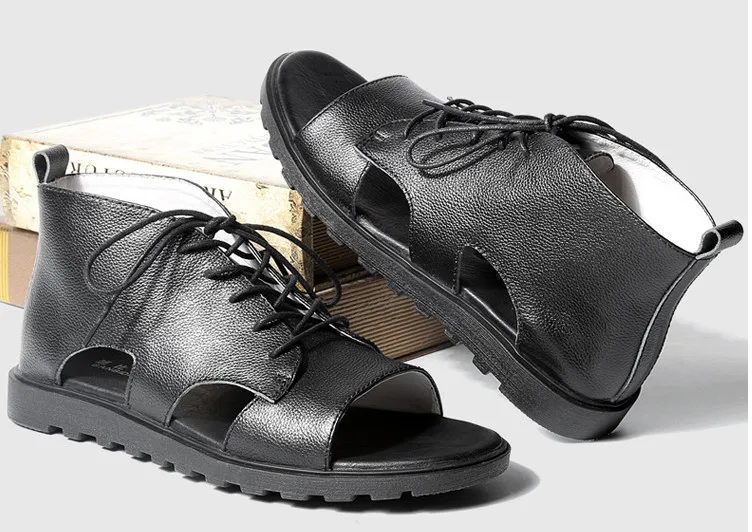 Мужские летние кожаные туфли крутые сандалии с высоким верхом на шнуровке