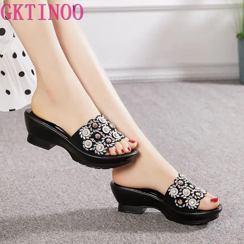 

GKTINOO Women Slipper's 2021 Ladies Summer Slippers Shoes Women Wedges Heels Fashion Rhinestone Summer Shoes Geuine Leather