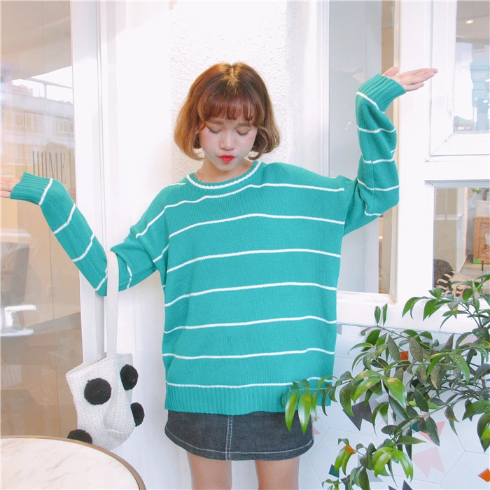 Women's Casual Sweaters Japanese Harajuku Ulzzang Winter Striped Loose Sweater Female Korean Kawaii Cute Clothing For Women | Женская