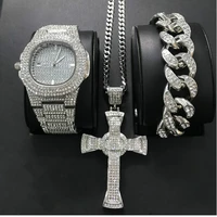 luxury men gold silver color watch hip hop men watch bracelet necklace combo set ice out cuban watch hip hop for men